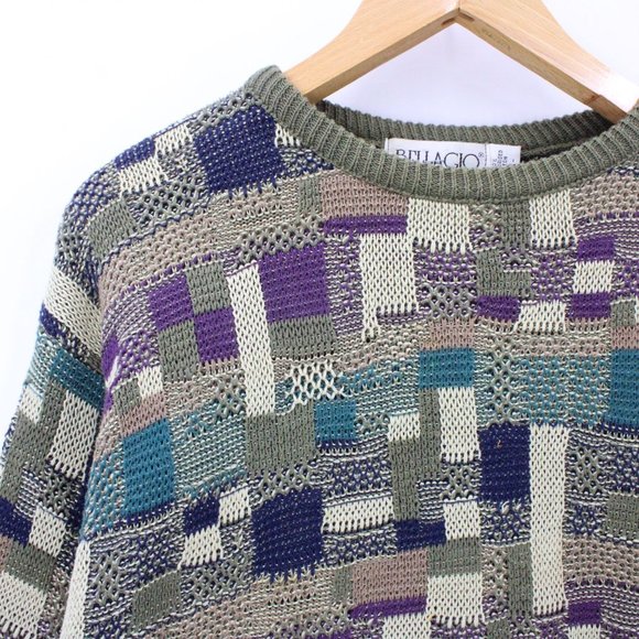 Vintage Bellagio Sweater Mens Brown Pullover Geometric Pattern Knit Italy 90s - Picture 3 of 10